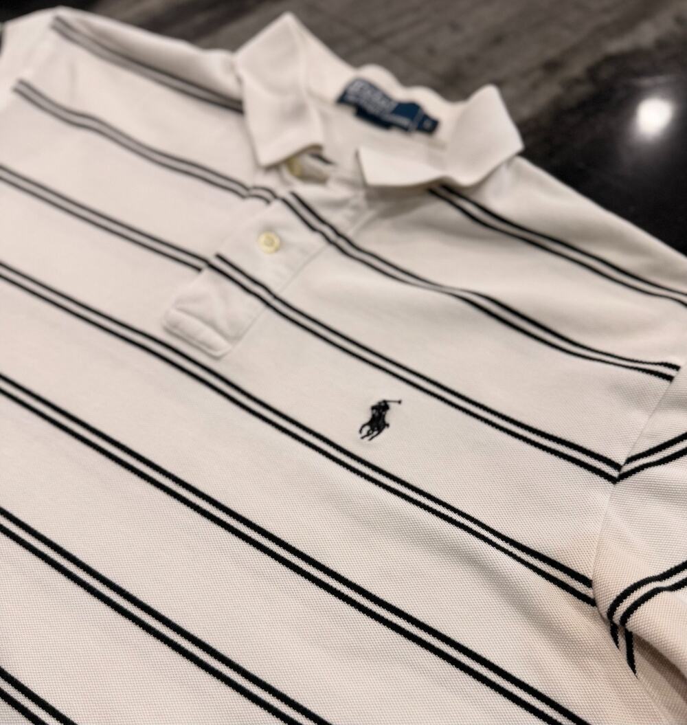 Vintage Ralph Lauren Mens Polo Black White Stripe Large Cotton Shirt Black Pony